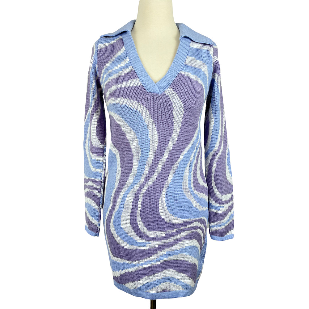 ASOS DESIGN knitted mini dress with open collar in swirl pattern Size 2